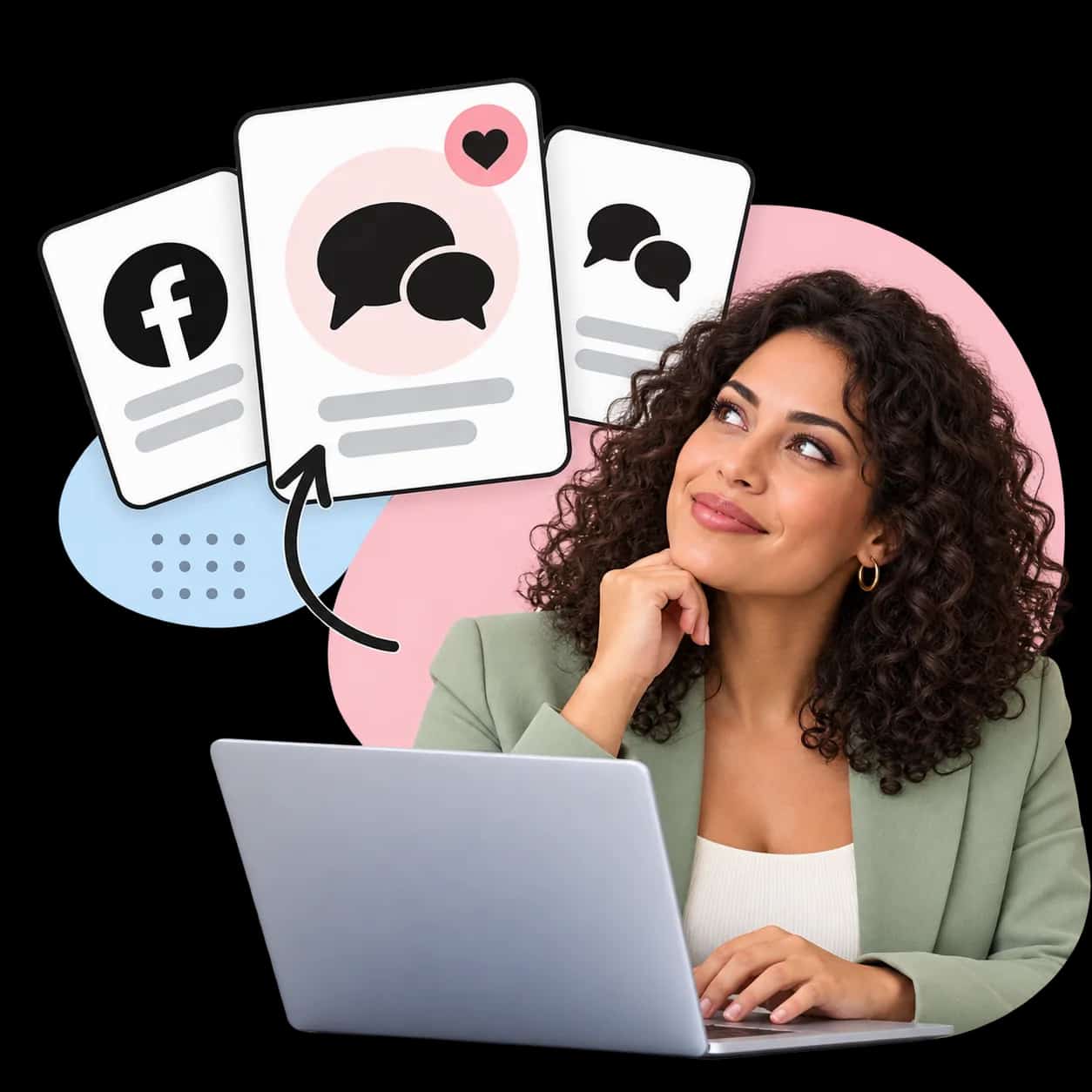 Illustration: a researcher at a laptop beside three cards showing the Facebook mark and speech bubbles