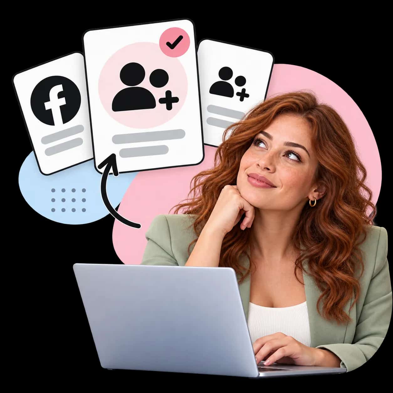 Illustration: a researcher at a laptop beside three cards showing the Facebook mark and figures with a plus sign