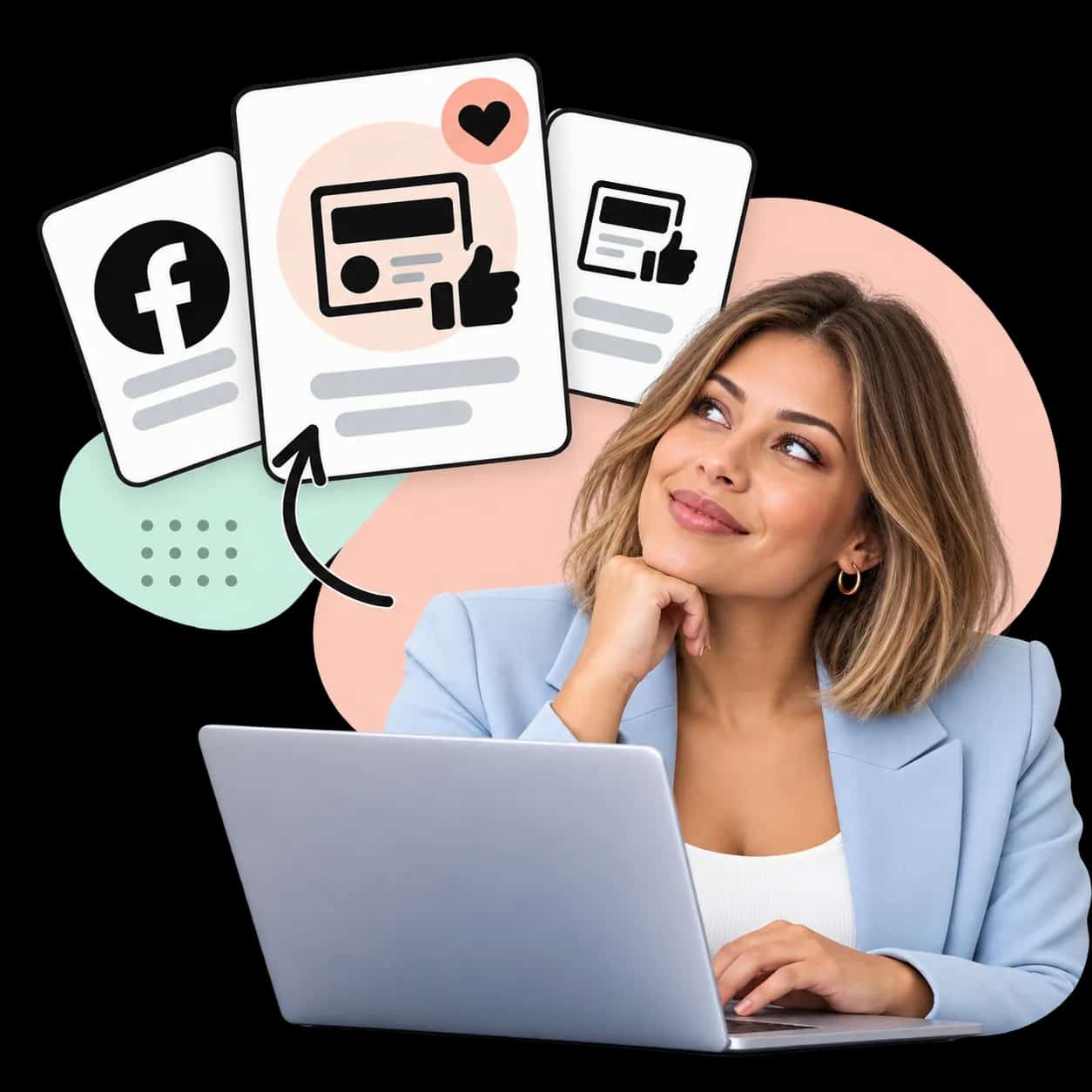 Illustration: eine Person am Laptop neben drei Karten mit dem Facebook-Zeichen und einer Seite mit Daumen hoch