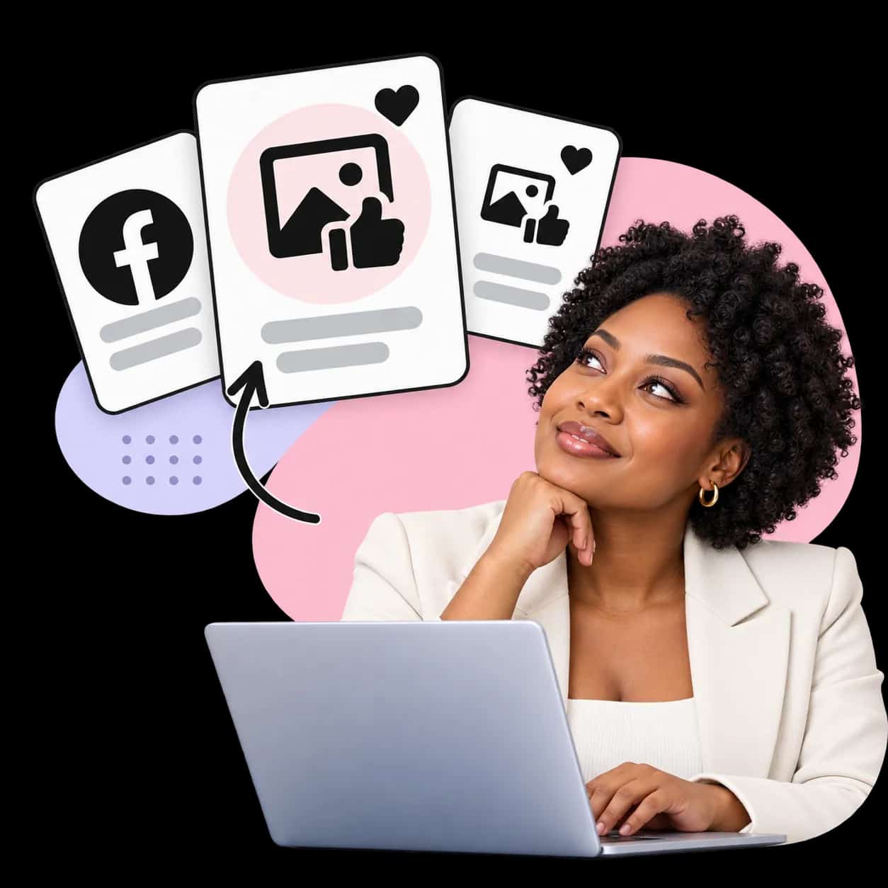 Illustratie: iemand achter een laptop naast drie kaarten met het Facebook-teken en een foto met een duim omhoog