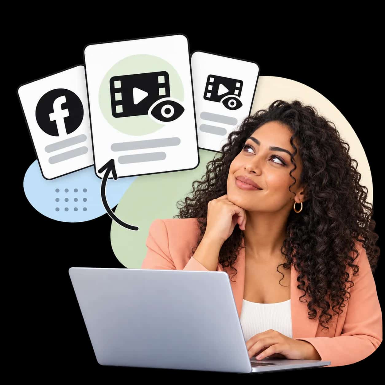 Illustration: eine Person am Laptop neben drei Karten mit dem Facebook-Zeichen und einem Videobild mit einem Auge