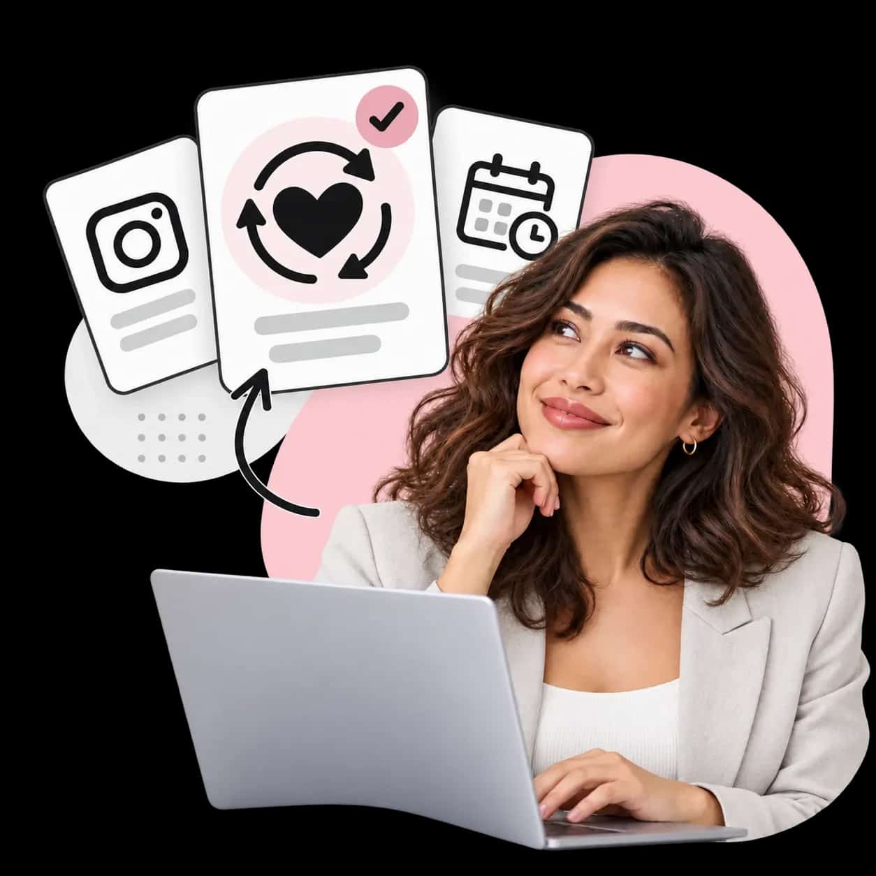 Ilustração: uma pessoa no laptop ao lado de três cartões com o símbolo do Instagram, um coração dentro de um ciclo de atualização e um calendário com relógio