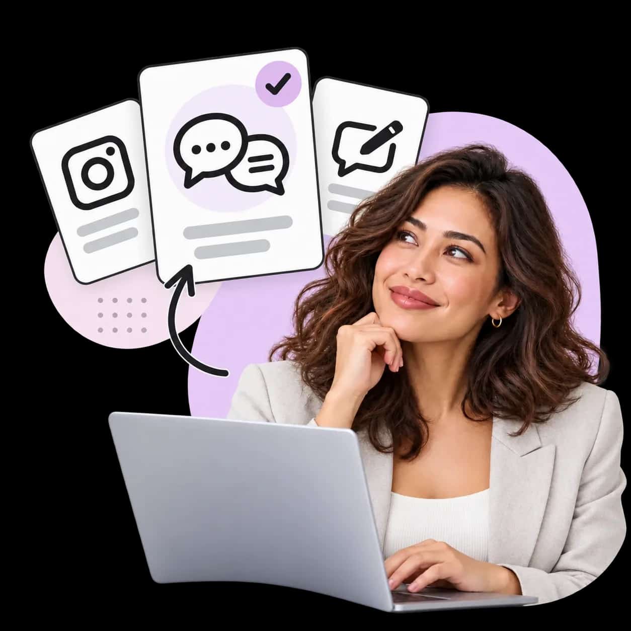 Illustratie: iemand achter een laptop naast drie kaarten met het Instagram-teken, twee tekstballonnen en een reactie die wordt geschreven
