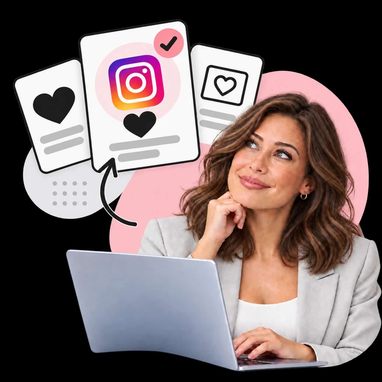 Illustration: a researcher at a laptop beside three Instagram post cards marked with hearts