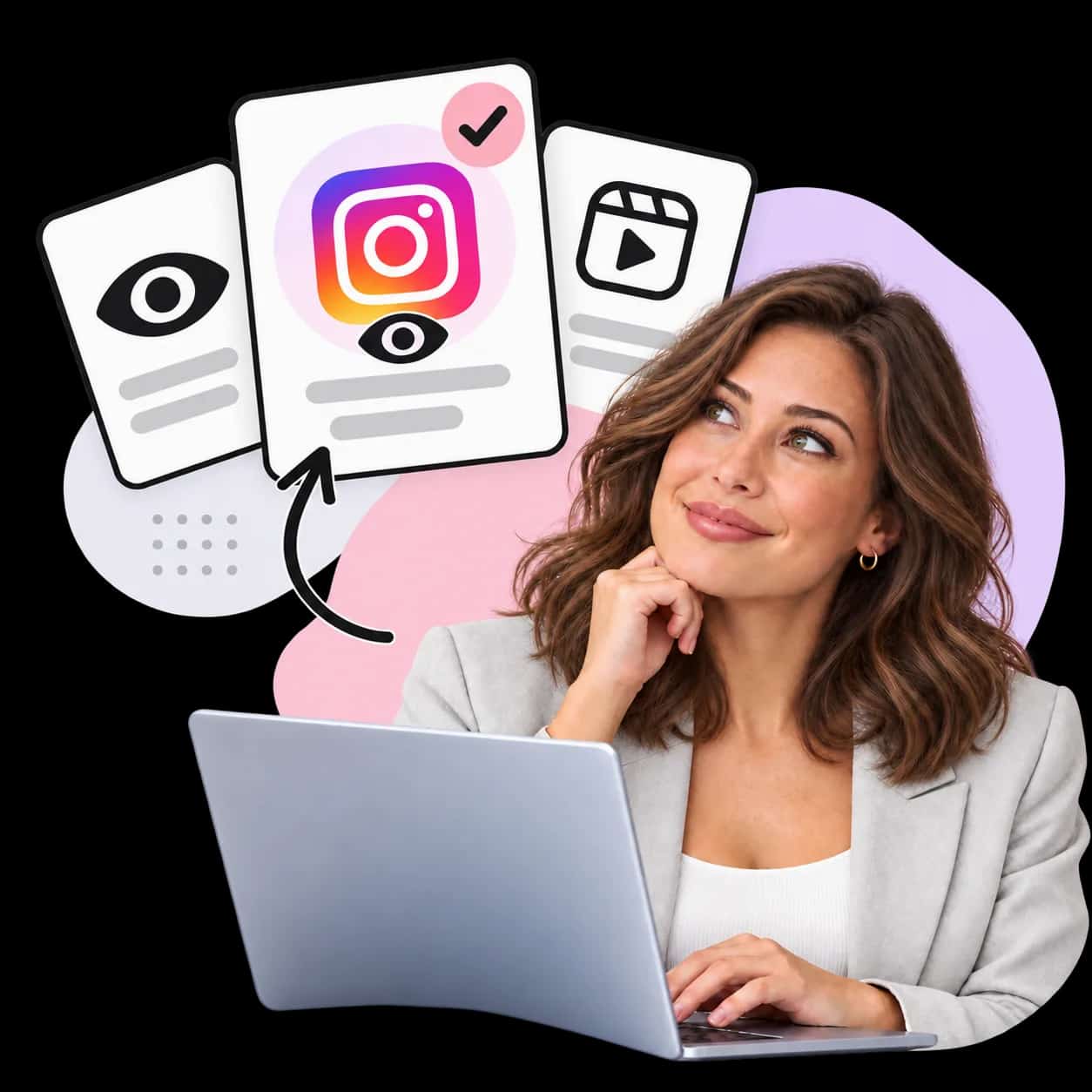 Ilustração: uma pessoa no laptop ao lado de três cartões de vídeo do Instagram marcados com um olho e o ícone do Reels