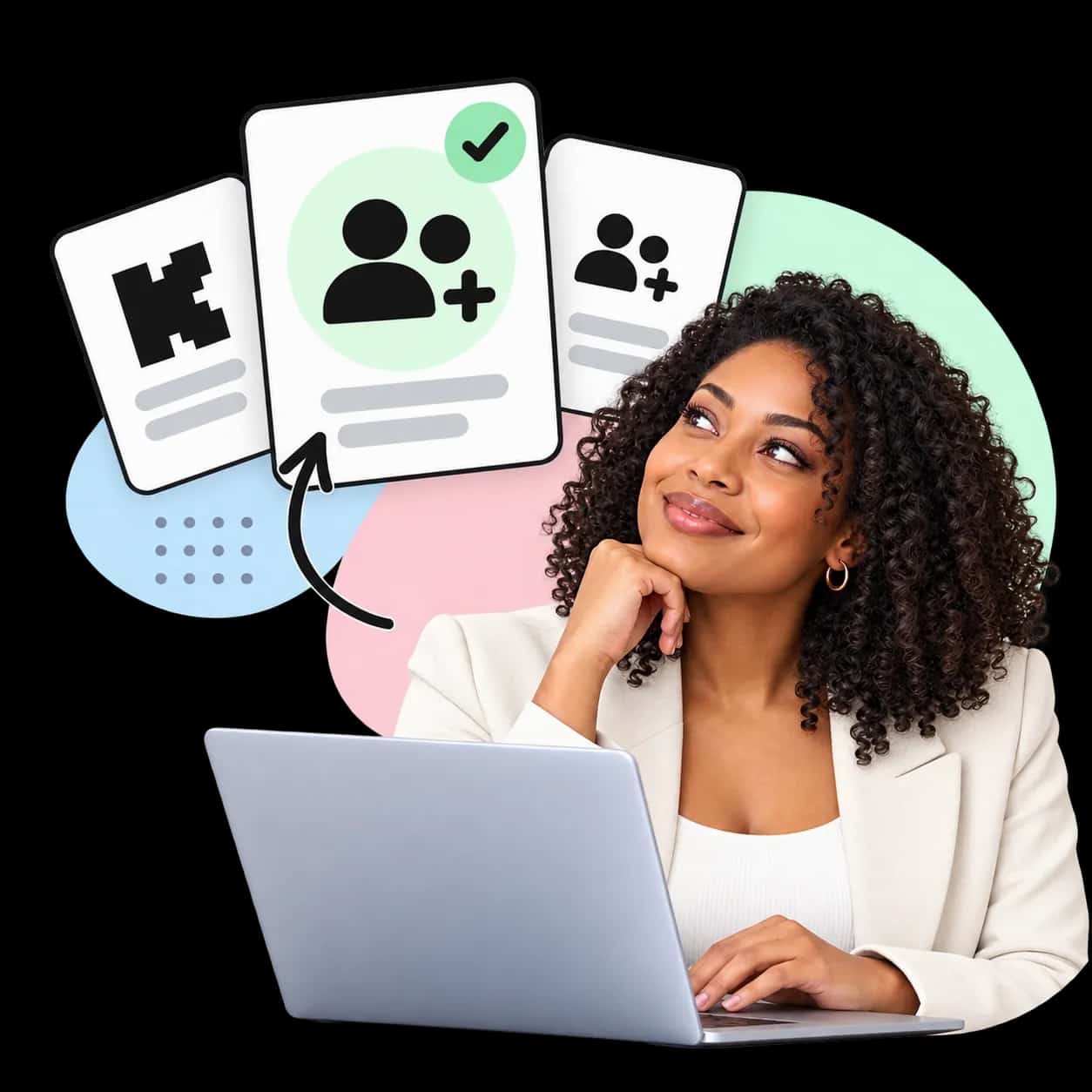 Illustration: a researcher at a laptop beside three cards showing the Kick mark and two figures with a plus sign