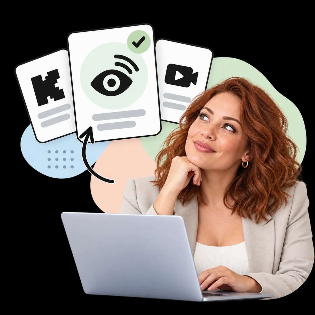 Illustratie: iemand achter een laptop naast drie kaarten met het Kick-teken, een oog en een videocamera