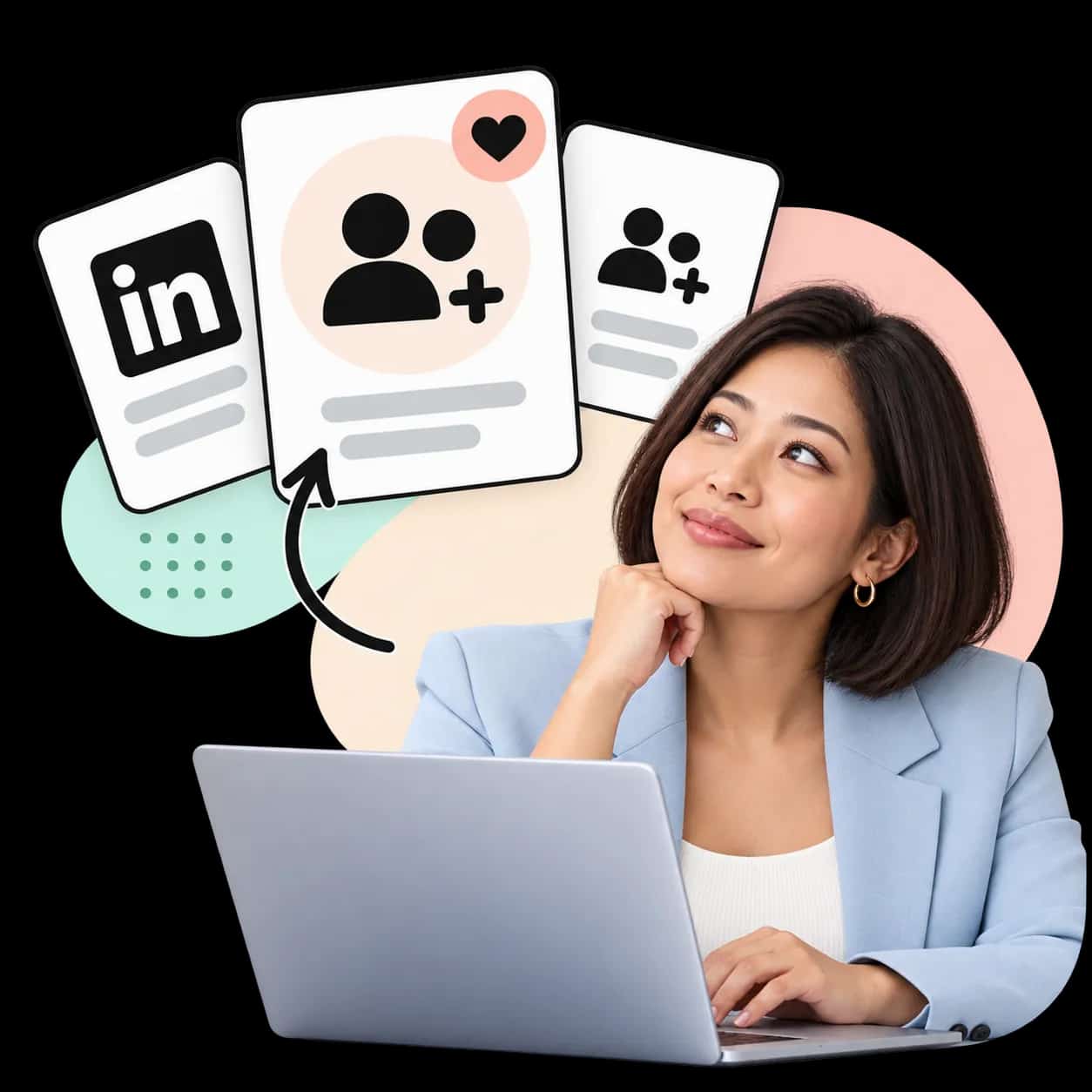 Illustration: a researcher at a laptop beside three cards showing the LinkedIn mark and figures with a plus sign