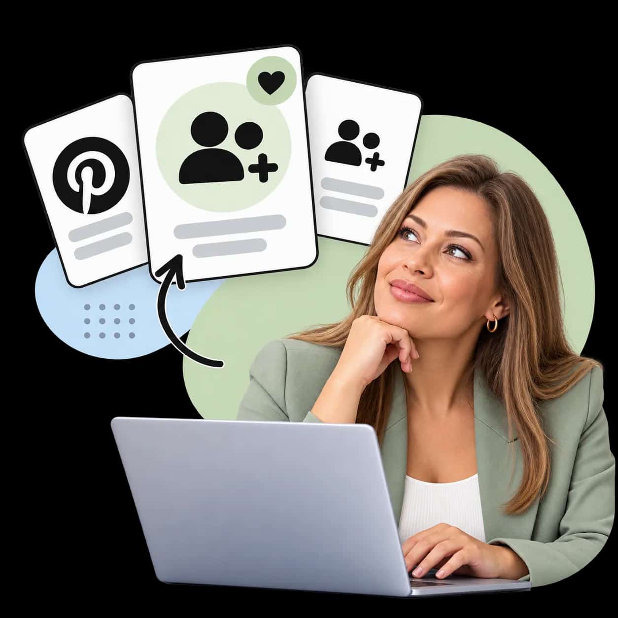 Illustration: a researcher at a laptop beside three cards showing the Pinterest mark and figures with a plus sign