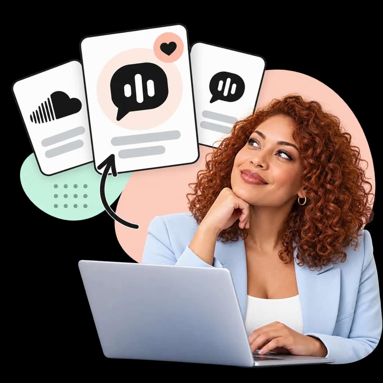 Illustration: a researcher at a laptop beside three cards showing the SoundCloud mark and a speech bubble with sound bars