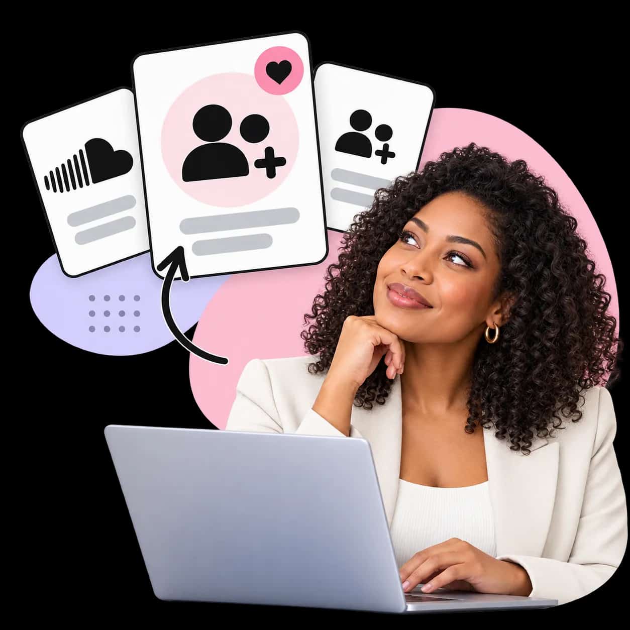 Illustration: a researcher at a laptop beside three cards showing the SoundCloud mark and figures with a plus sign