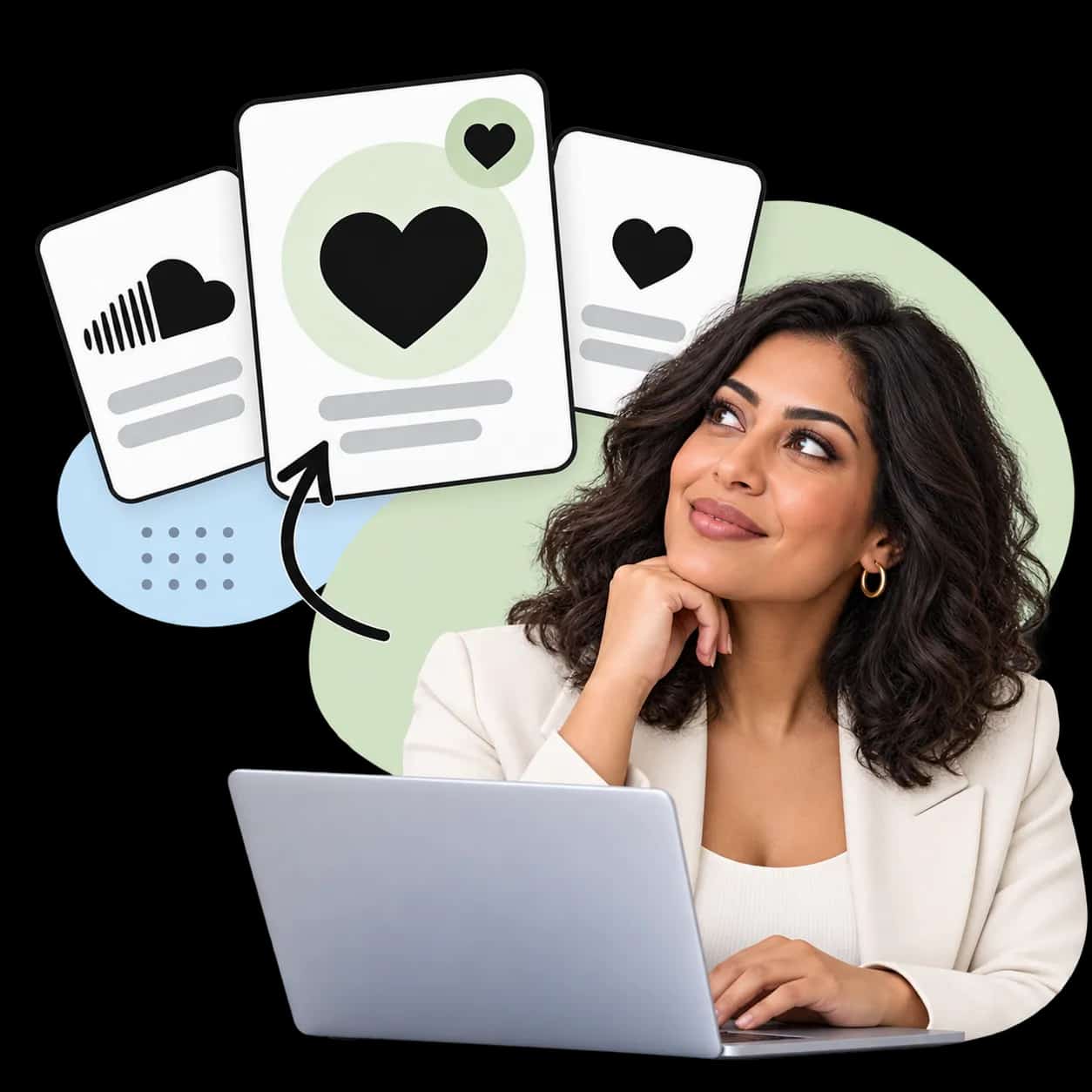 Illustration: a researcher at a laptop beside three cards showing the SoundCloud mark and a heart