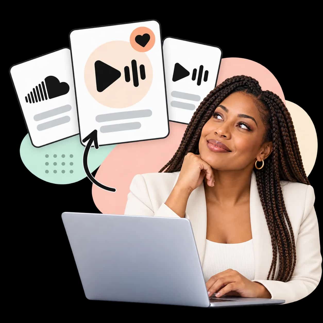Ilustração: uma pessoa no laptop ao lado de três cartões com o símbolo do SoundCloud e um botão de play com barras de som