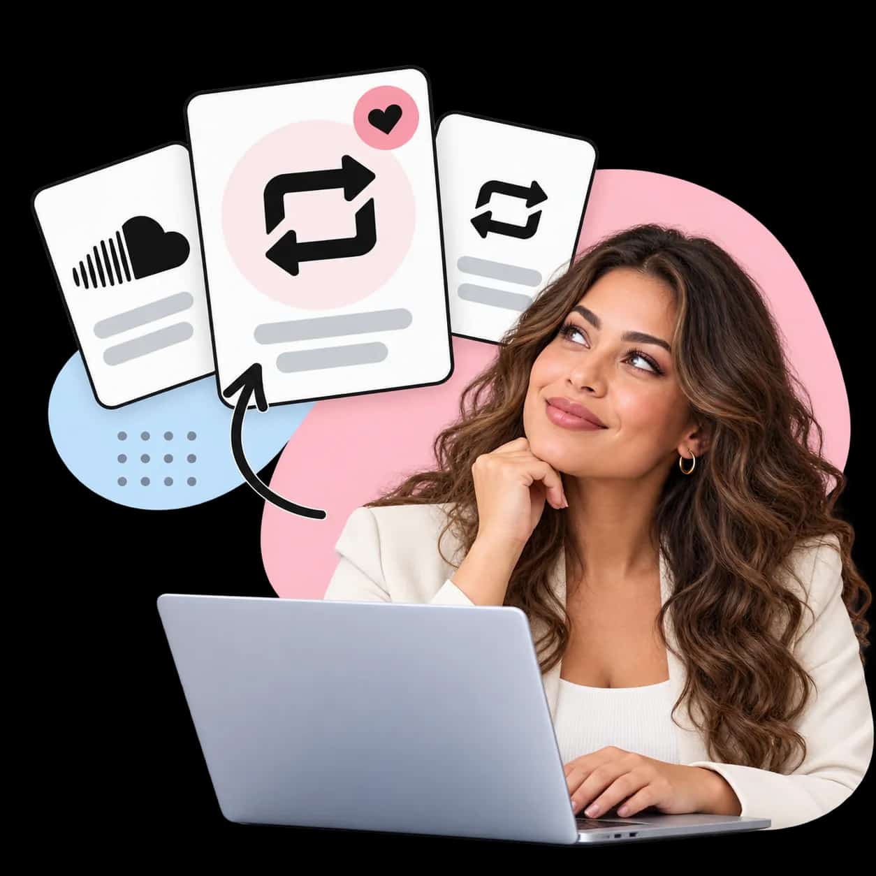 Illustration: a researcher at a laptop beside three cards showing the SoundCloud mark and repost arrows