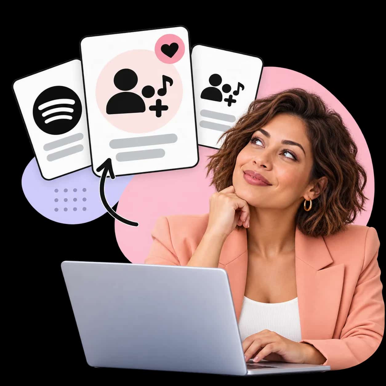 Illustration: a researcher at a laptop beside three cards showing the Spotify mark and a figure with a plus sign and a music note