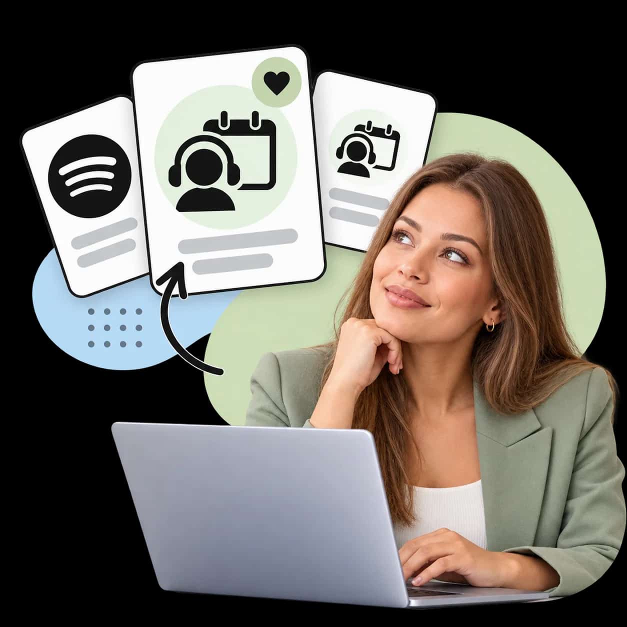 Illustration: a researcher at a laptop beside three cards showing the Spotify mark and a listener with headphones beside a calendar