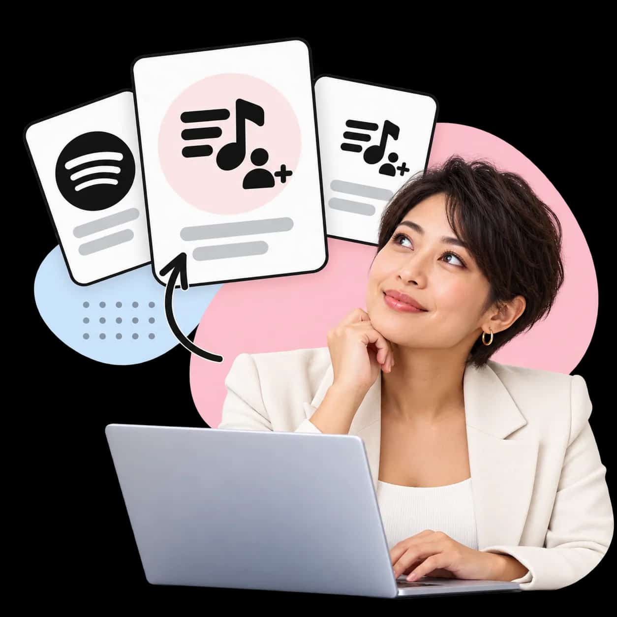 Illustration: a researcher at a laptop beside three cards showing the Spotify mark and a playlist with a music note and a plus sign