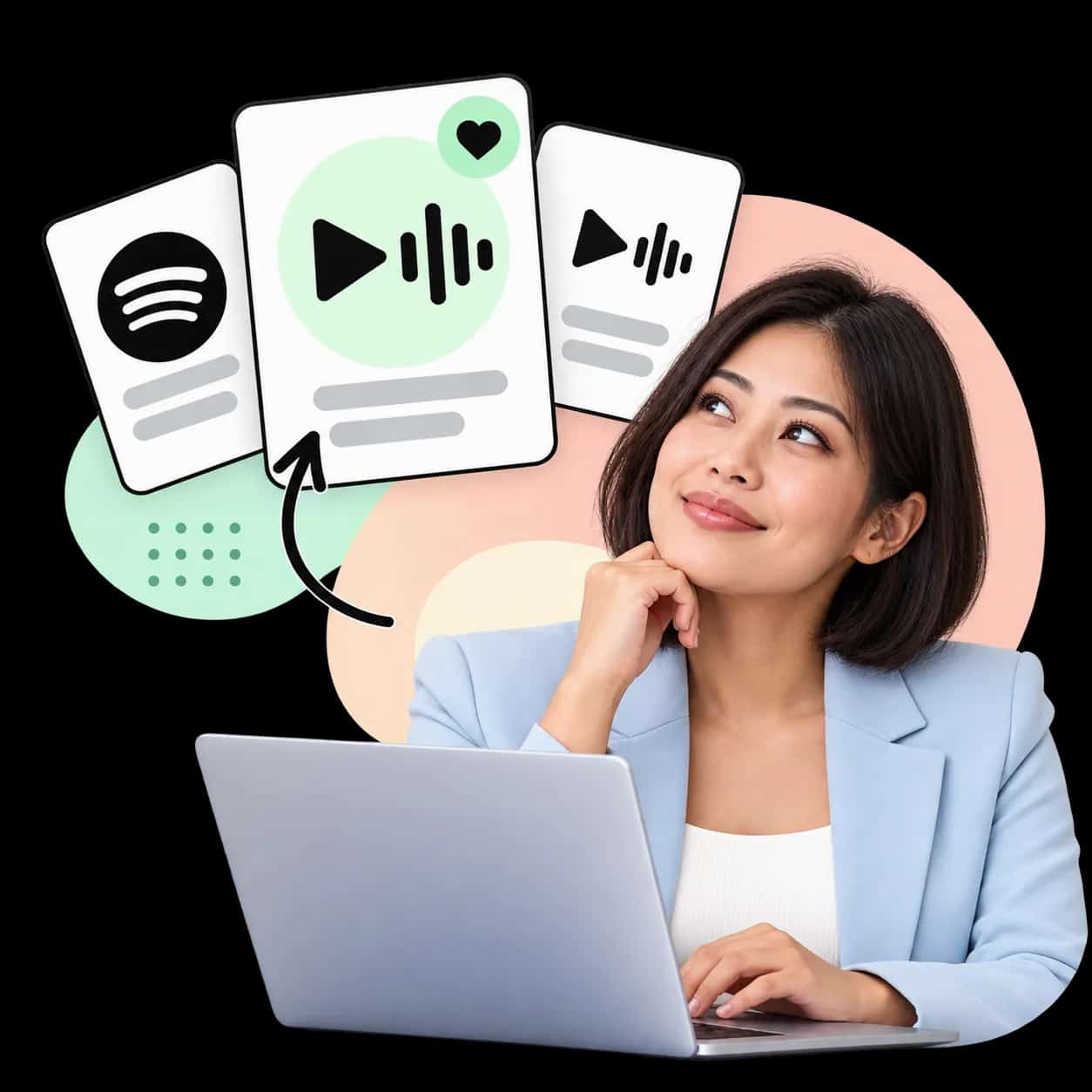 Ilustração: uma pessoa no laptop ao lado de três cartões com o símbolo do Spotify e um botão de play com barras de som