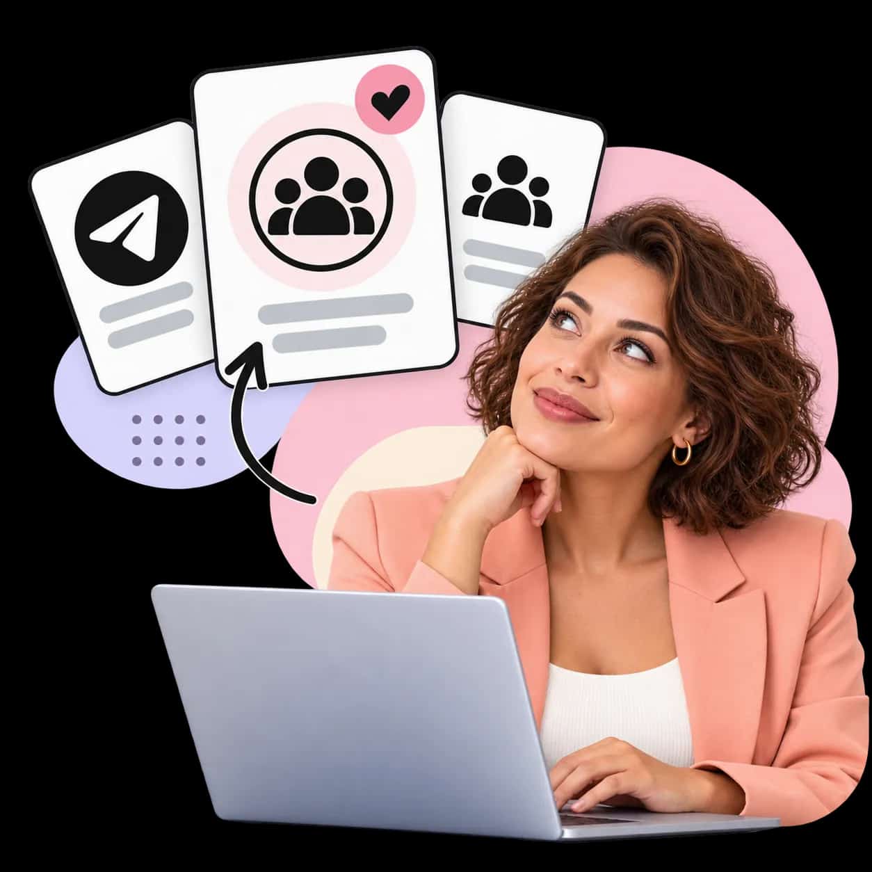 Illustration: a researcher at a laptop beside three cards showing the Telegram mark and a group of three figures