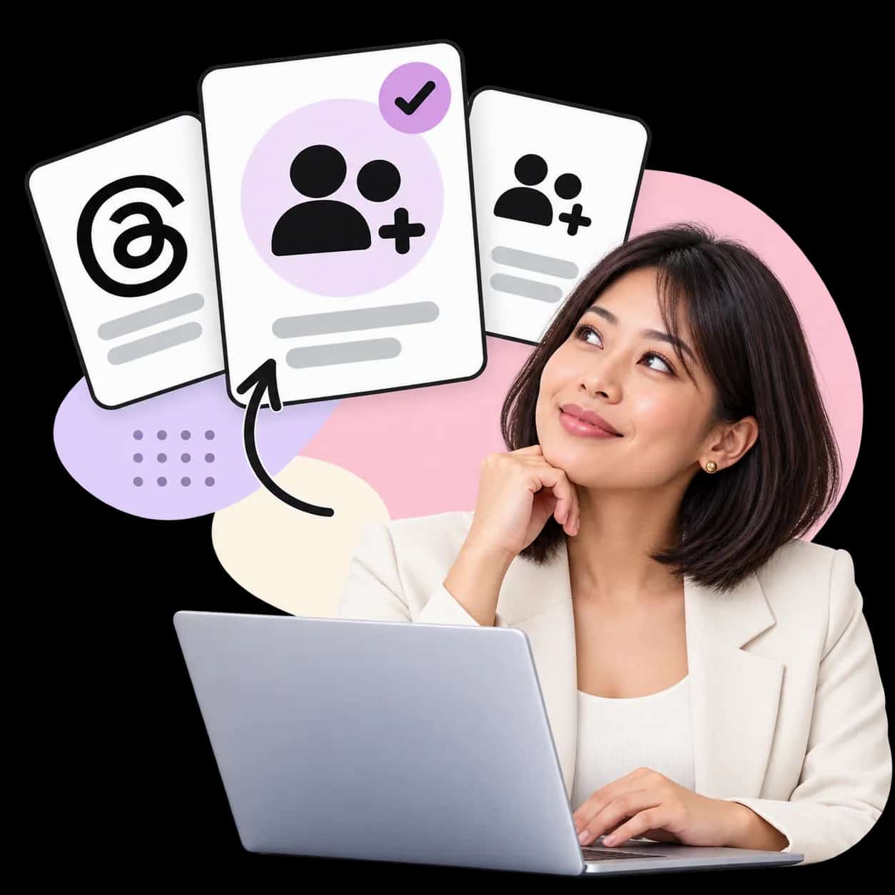 Illustration: a researcher at a laptop beside three cards showing the Threads mark and two figures with a plus sign