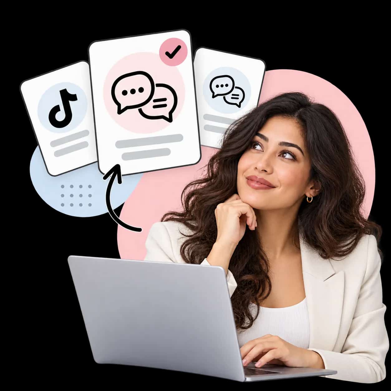 Illustration: eine Person am Laptop neben drei Karten mit dem TikTok-Zeichen und zwei Sprechblasen