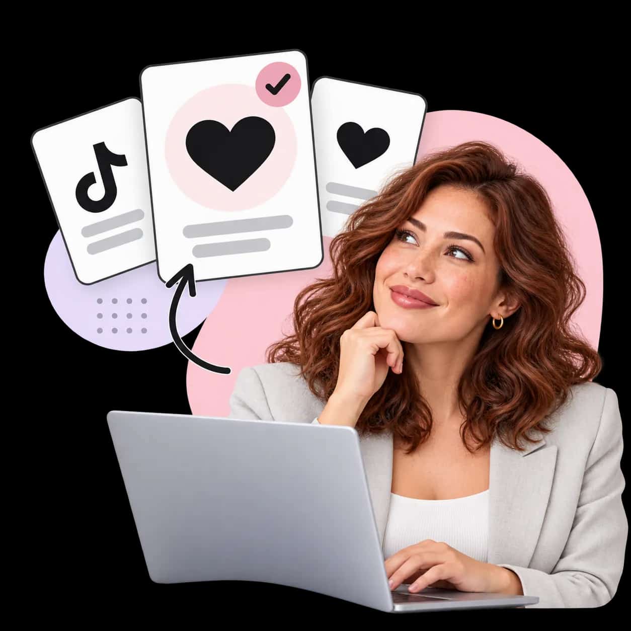 Illustration: eine Person am Laptop neben drei Karten mit dem TikTok-Zeichen und einem Herzen