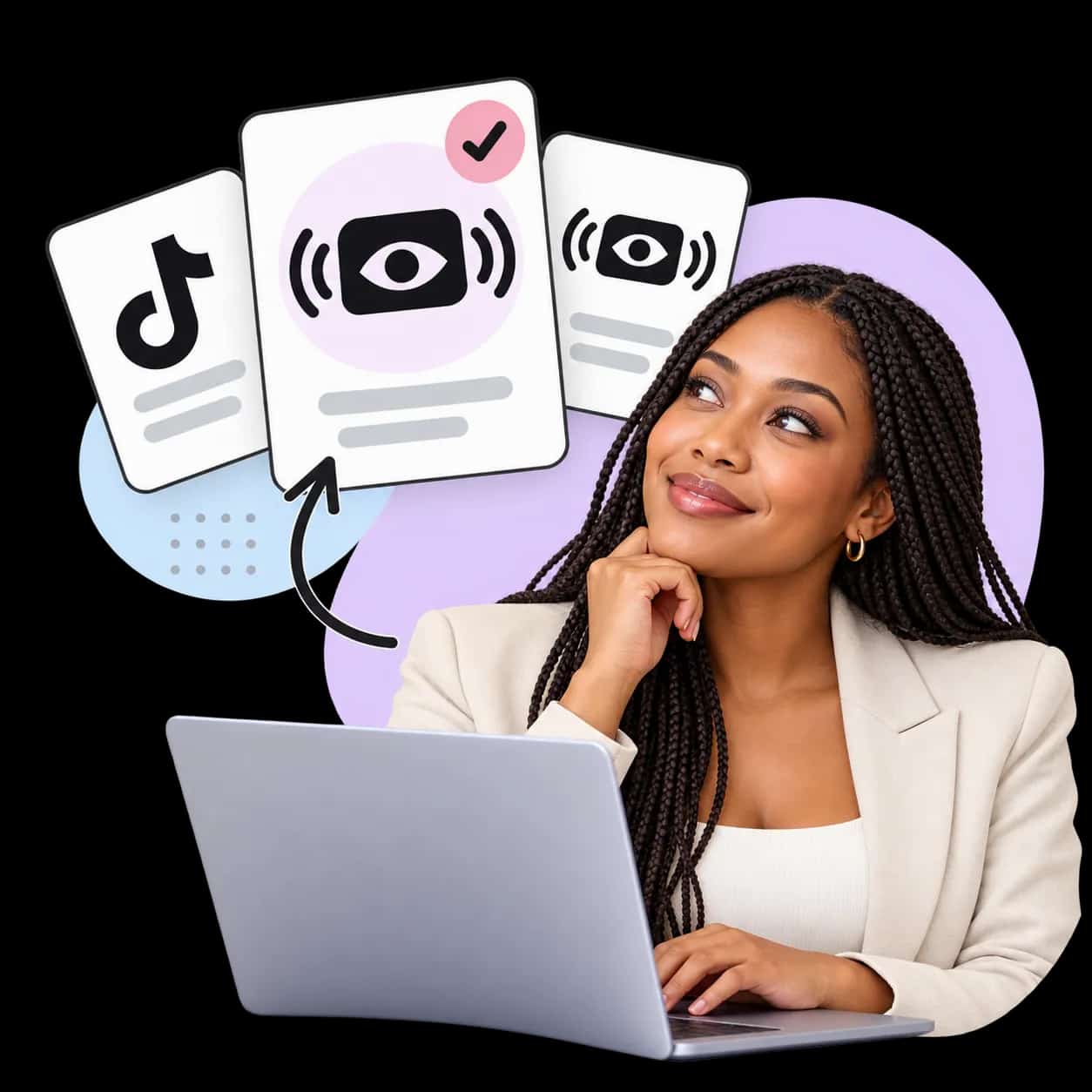 Illustration: eine Person am Laptop neben drei Karten mit dem TikTok-Zeichen und einem Auge zwischen Sendewellen