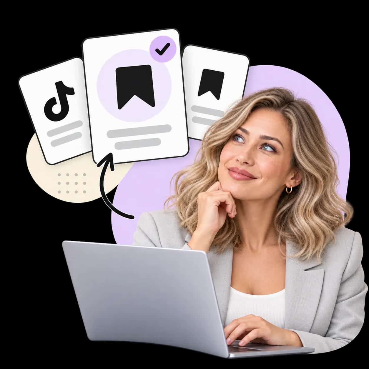 Illustration: a researcher at a laptop beside three cards showing the TikTok mark and a bookmark