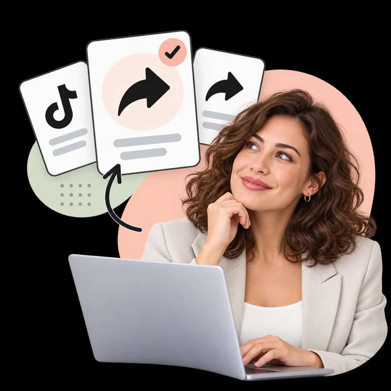 Illustration: eine Person am Laptop neben drei Karten mit dem TikTok-Zeichen und einem Teilen-Pfeil