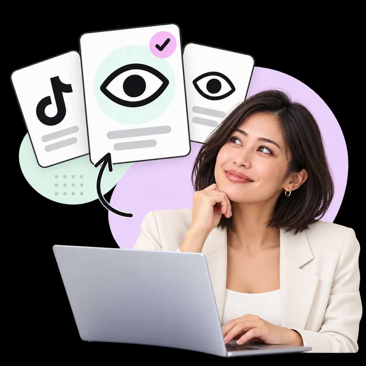 Illustratie: iemand achter een laptop naast drie kaarten met het TikTok-teken en een oog