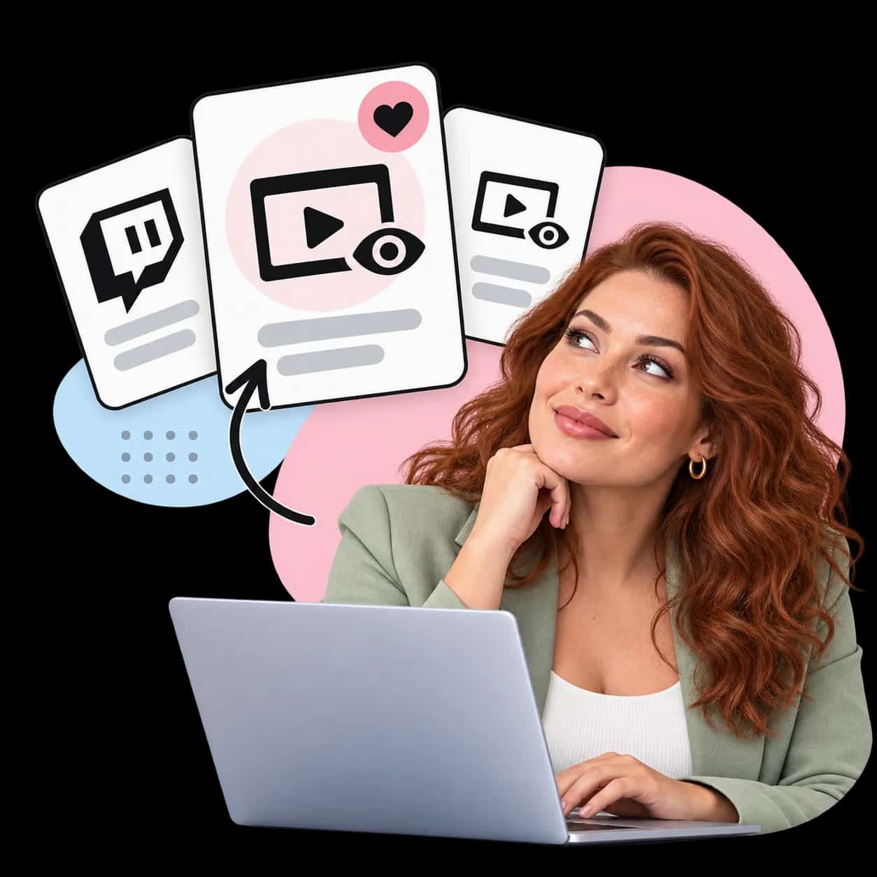 Illustration: a researcher at a laptop beside three cards showing the Twitch mark and a video player with an eye
