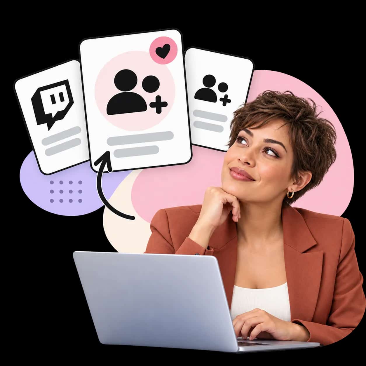 Illustration: a researcher at a laptop beside three cards showing the Twitch mark and figures with a plus sign