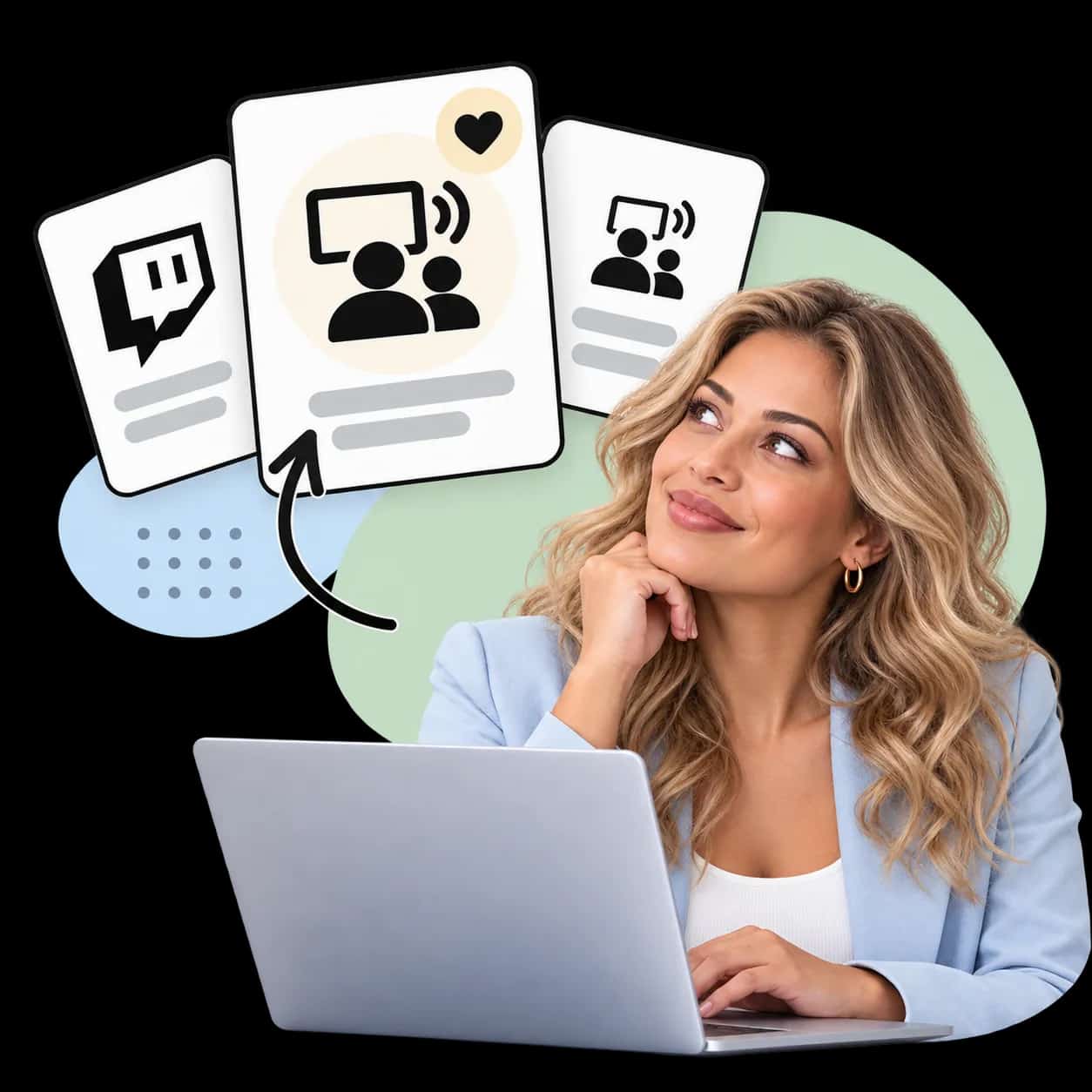 Illustration: a researcher at a laptop beside three cards showing the Twitch mark and a viewer at a screen with sound waves