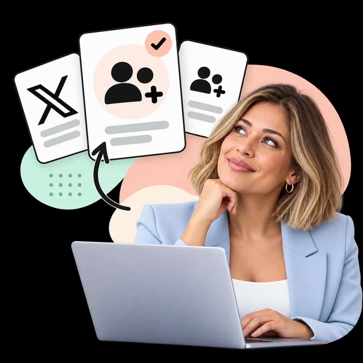 Illustratie: iemand achter een laptop naast drie kaarten met het X-teken en figuren met een plusteken