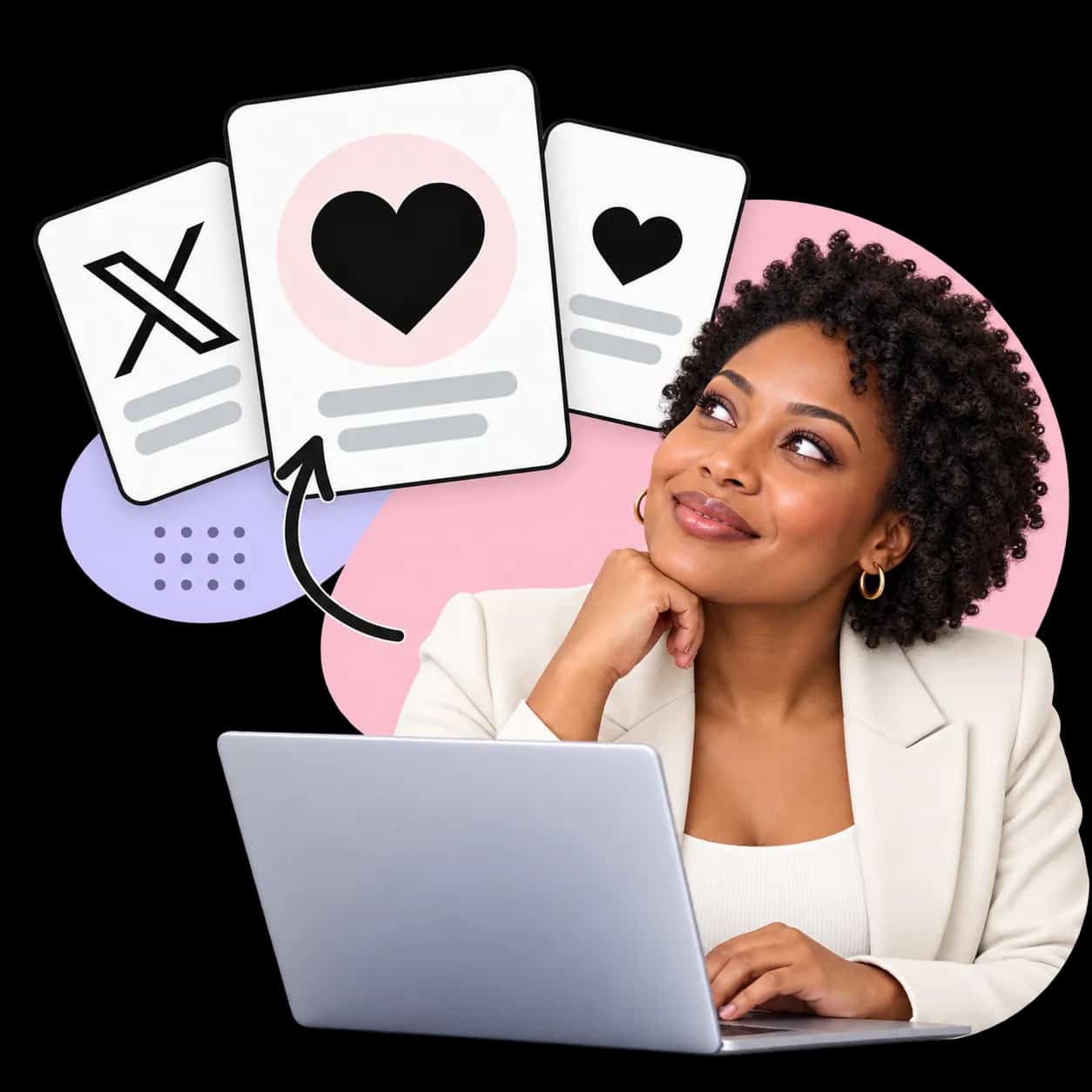 Illustratie: iemand achter een laptop naast drie kaarten met het X-teken en een hart