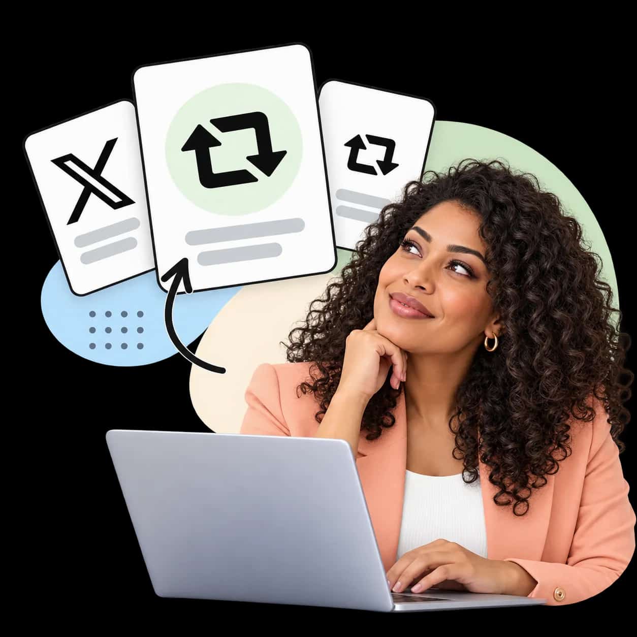 Illustration: a researcher at a laptop beside three cards showing the X mark and repost arrows