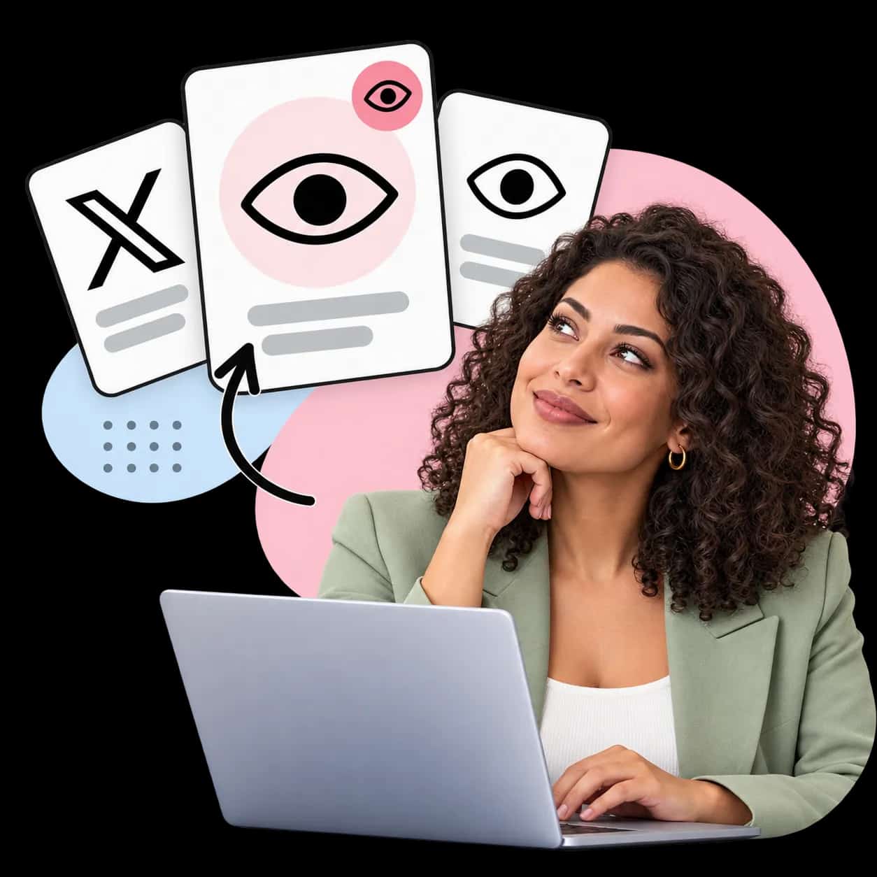 Illustratie: iemand achter een laptop naast drie kaarten met het X-teken en een oog