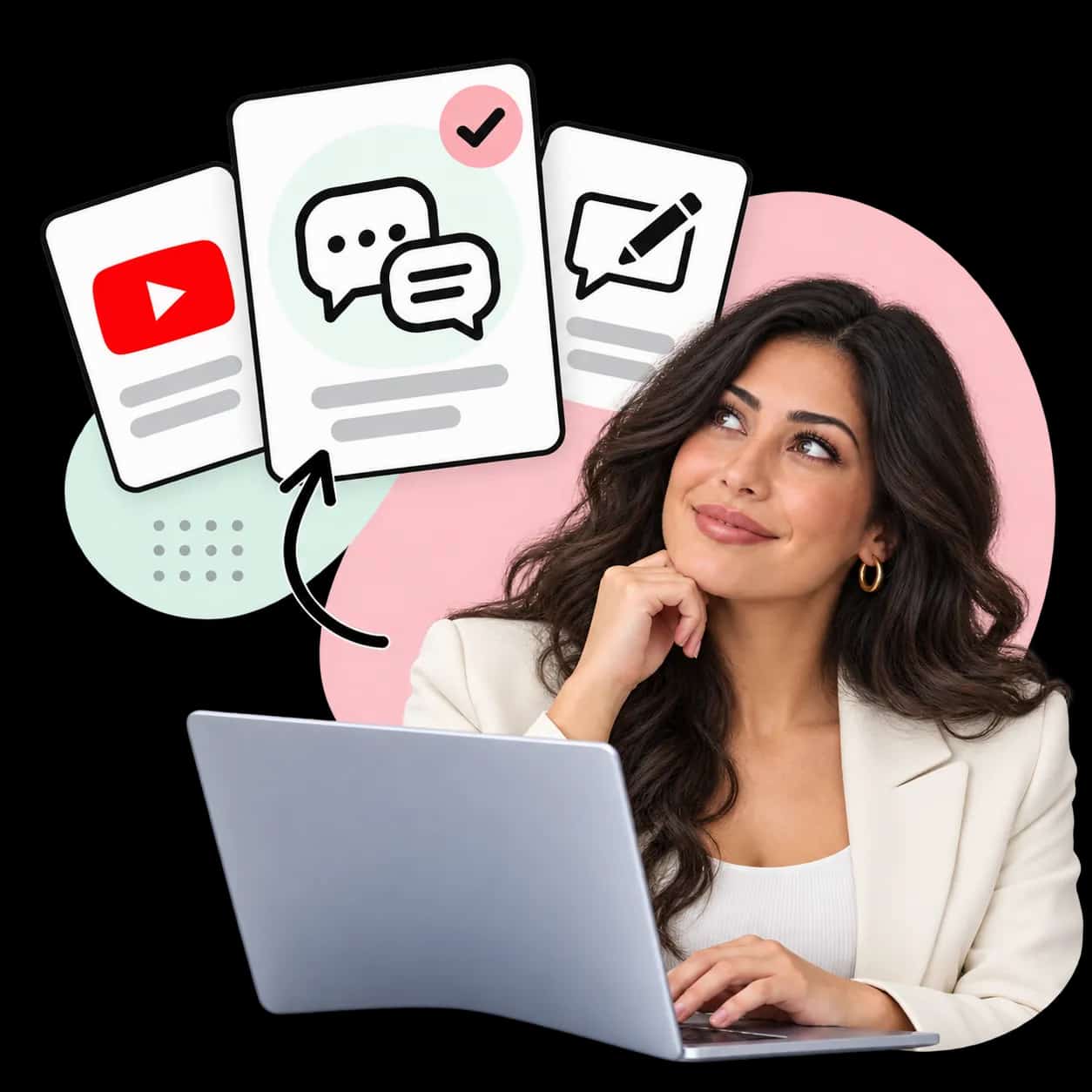 Illustration: a researcher at a laptop beside three cards showing the YouTube mark, two speech bubbles and a comment being written