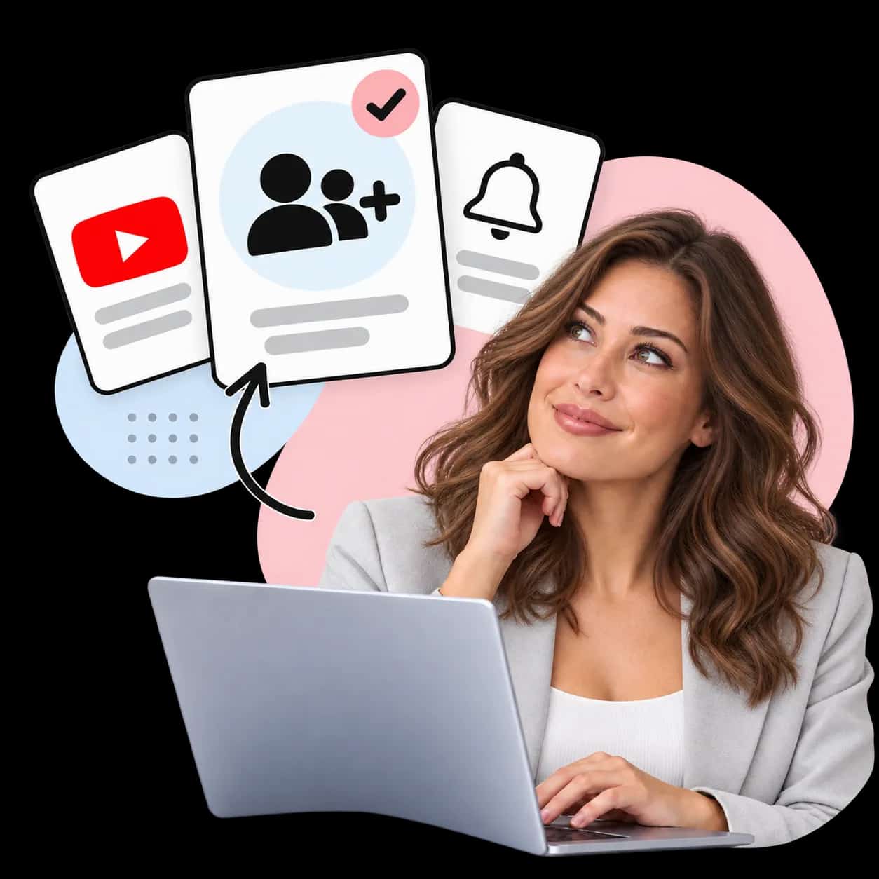 Ilustração: uma pessoa no laptop ao lado de três cartões com o símbolo do YouTube, duas figuras com um sinal de mais e um sino de notificação