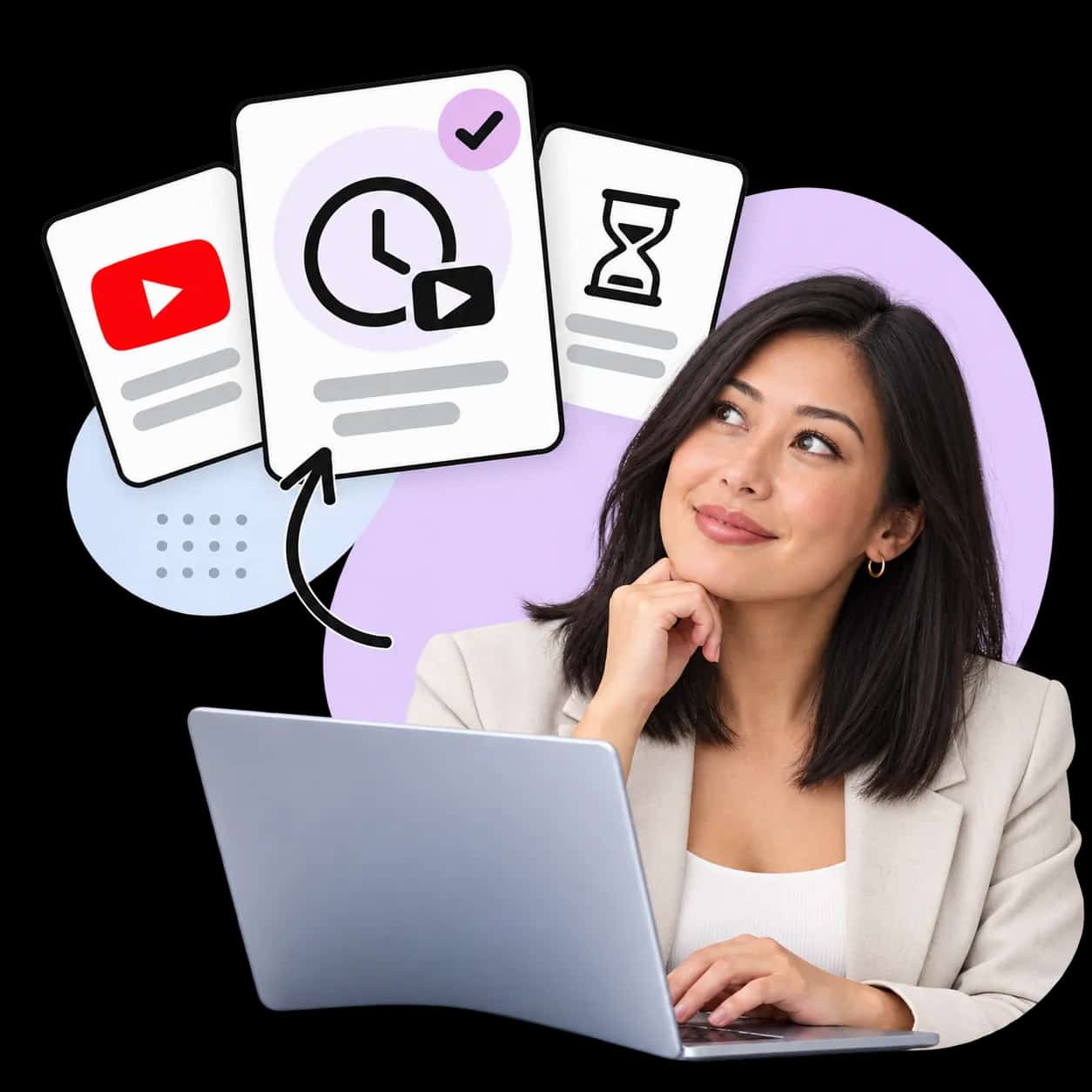 Illustration: a researcher at a laptop beside three cards showing the YouTube mark, a clock with a play button and an hourglass