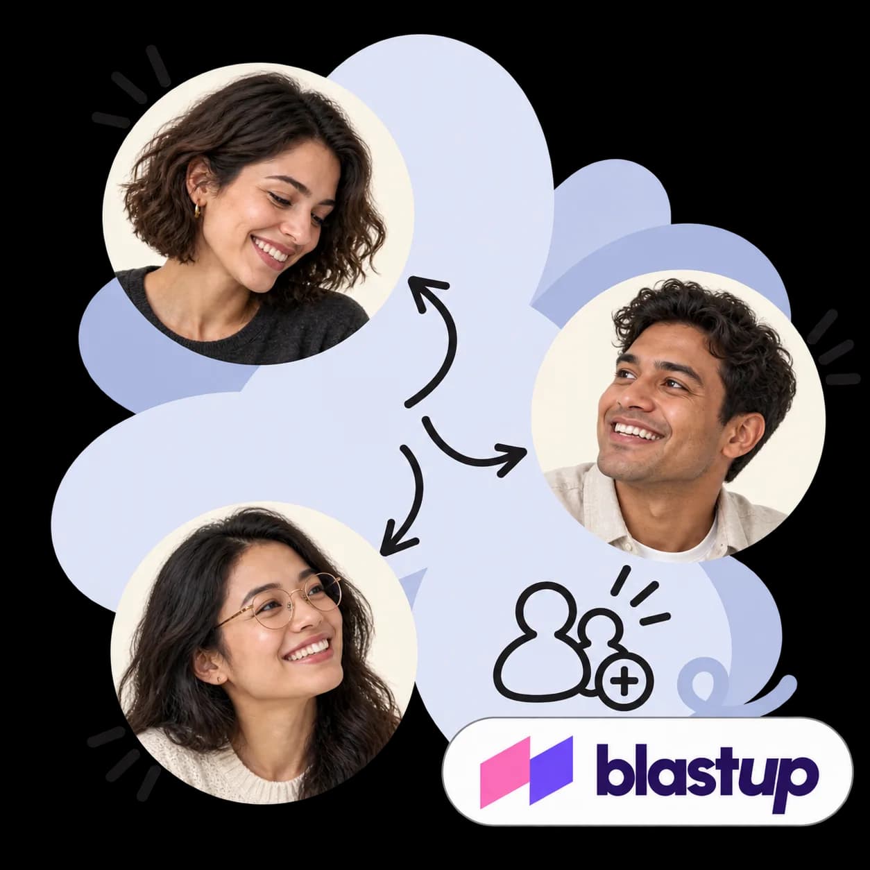 Blastup-Illustration: drei Instagram-Profilporträts, ein Neuer-Follower-Symbol und die Blastup-Wortmarke