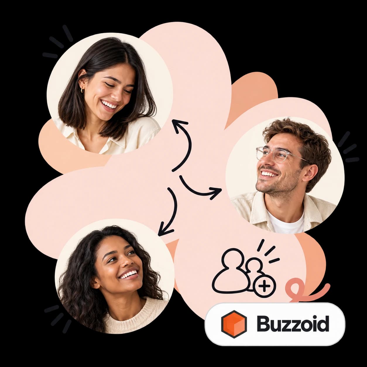Buzzoid illustration: three Instagram profile portraits, a new-follower icon and the Buzzoid wordmark
