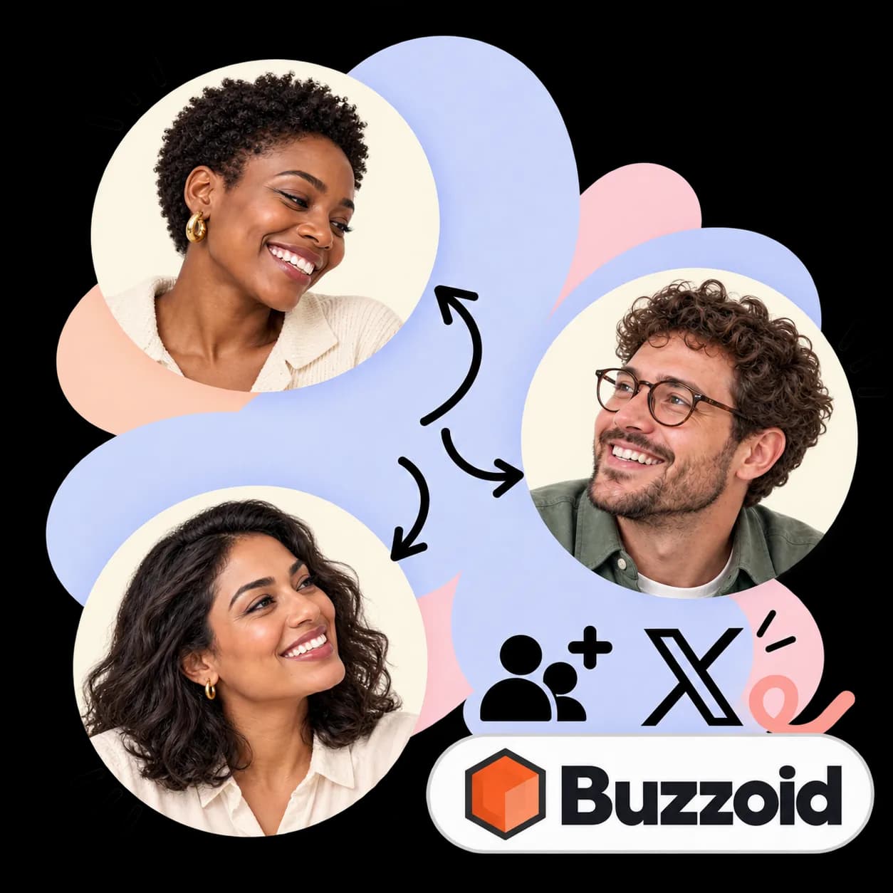 Buzzoid-illustratie: drie portretten verbonden door pijlen, figuren met een plusteken, het X-teken en het Buzzoid-woordmerk