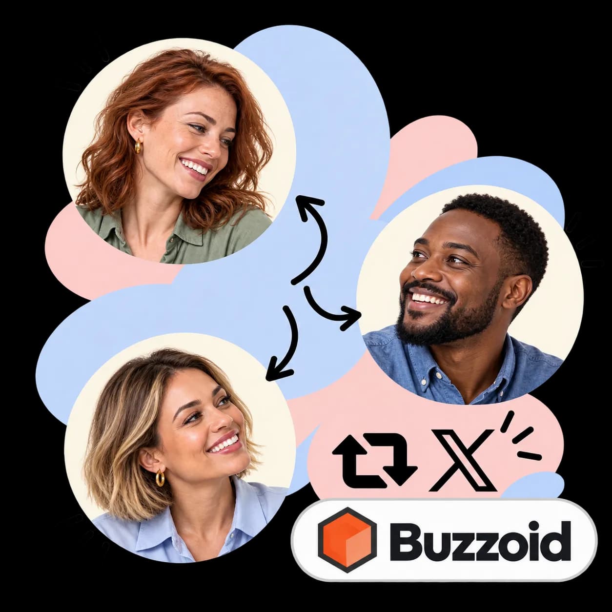 Buzzoid illustration: three portraits linked by arrows, repost arrows, the X mark and the Buzzoid wordmark