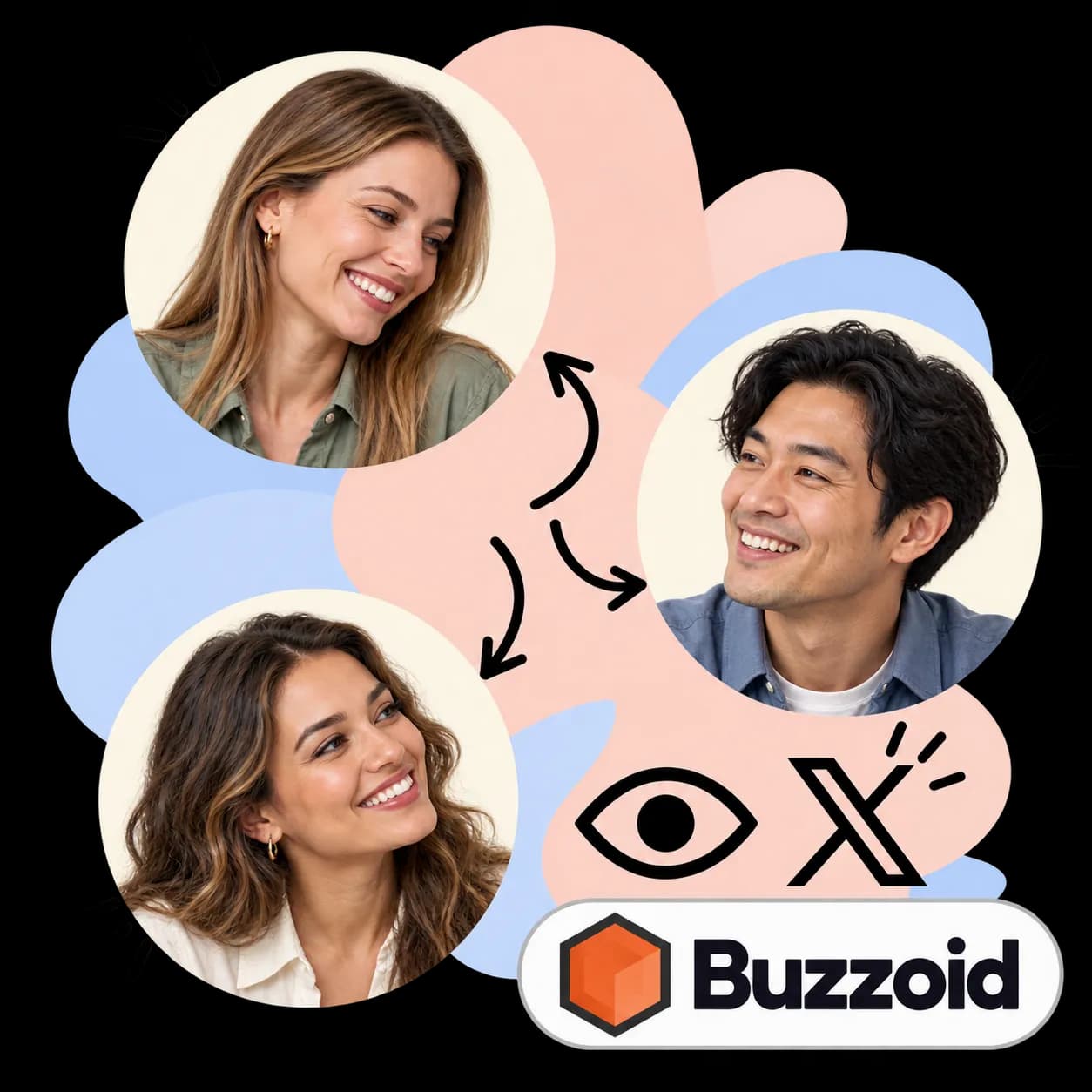 Buzzoid illustration: three portraits linked by arrows, an eye, the X mark and the Buzzoid wordmark