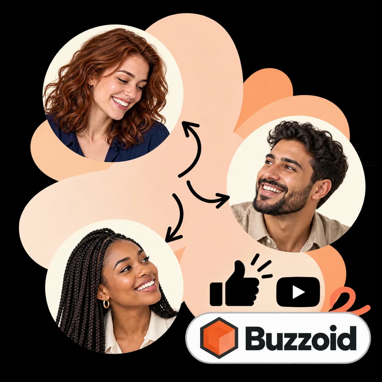 Ilustração de Buzzoid: três retratos ligados por setas, um polegar para cima ao lado de um ícone de reprodução de vídeo e a marca Buzzoid