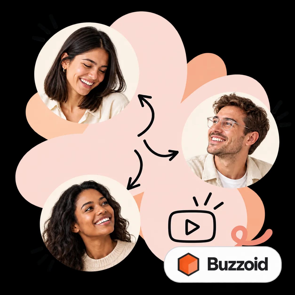 Ilustração de Buzzoid: três retratos ligados por setas, um ícone de reprodução de vídeo e a marca Buzzoid