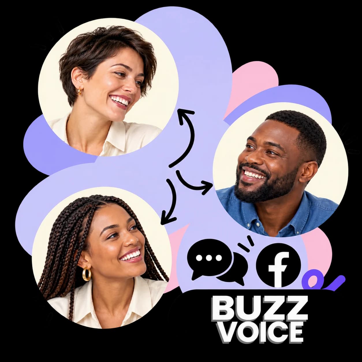 Ilustração de BuzzVoice: três retratos ligados por setas, balões de fala, o símbolo do Facebook e a marca BuzzVoice
