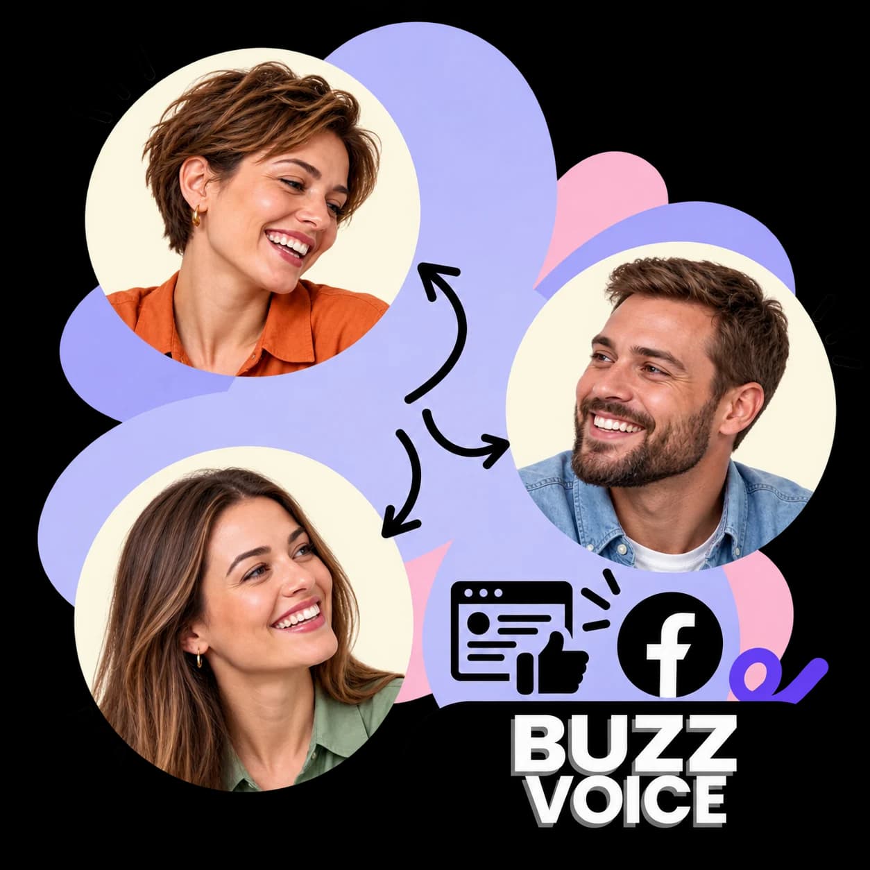BuzzVoice illustration: three portraits linked by arrows, a page with a thumbs-up, the Facebook mark and the BuzzVoice wordmark