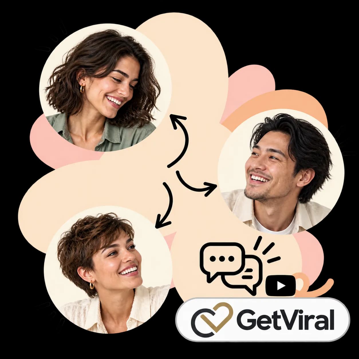 GetViral-illustratie: drie portretten verbonden door pijlen, tekstballonnen naast een video-afspeelicoon en het GetViral-woordmerk